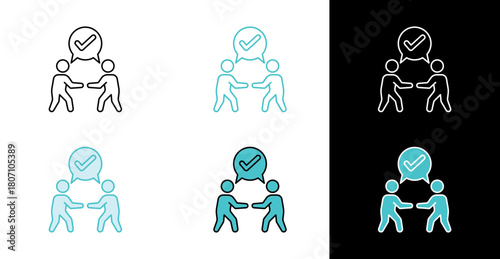 Two people agreement with check mark icon for deal approval and partnership in line and fill style