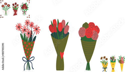 Minimal floral bouquet illustration set with daisies, tulips and roses, elegant hand drawn flower arrangements, pastel botanical design for celebrations