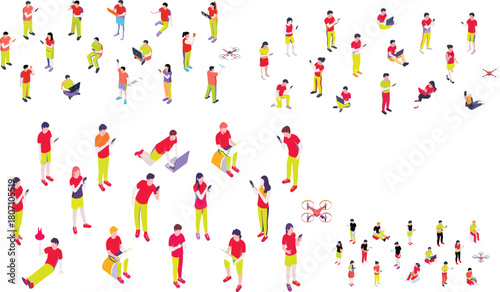 Isometric illustration of people using smartphones and laptops, modern digital lifestyle, technology users, online communication and gadget interaction scene