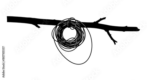Fishing line tangled on a branch, minimalistic design, silhouette illustration
