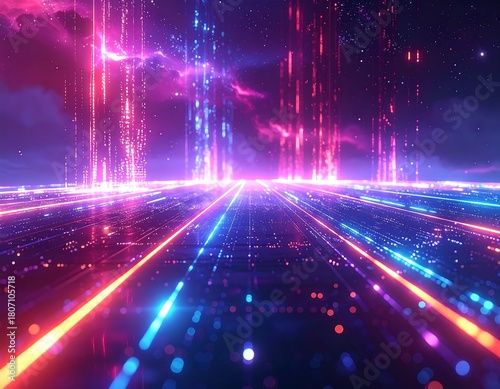 Wallpaper Mural Futuristic Cityscape with Neon Lights and Digital Reflections. Torontodigital.ca