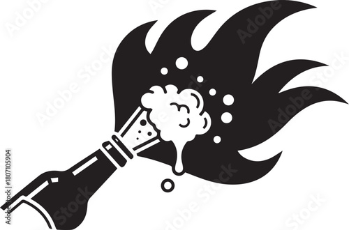 Black silhouette of a Molotov cocktail with flames and foam fire bottle