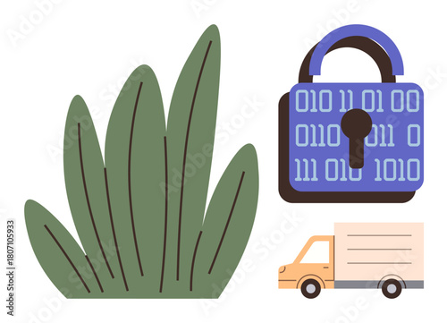 Greenery, binary-code padlock, and truck illustrate data security, environmental sustainability, and efficient logistics. Ideal for cybersecurity, environment, delivery, technology privacy