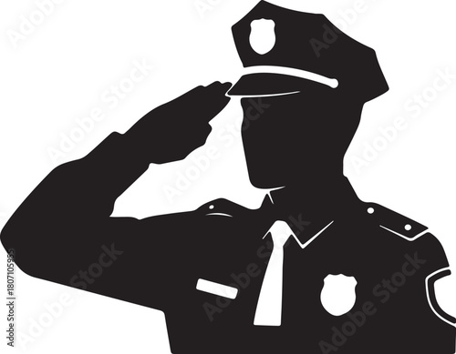 Bold black vector silhouette of a police officer or security guard in uniform, holding a baton or nightstick, symbolizing law enforcement, security, and authority