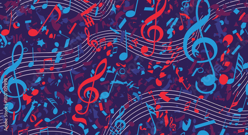 A vibrant and chaotic seamless pattern of red and blue musical notes, clefs, and staves, perfect for a music-themed background.