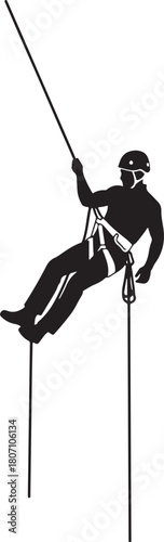Bold black vector silhouette of a rescue worker or soldier rappelling or abseiling down a rope with a harness and helmet, symbolizing emergency rescue, rapid deployment, and high-angle operations