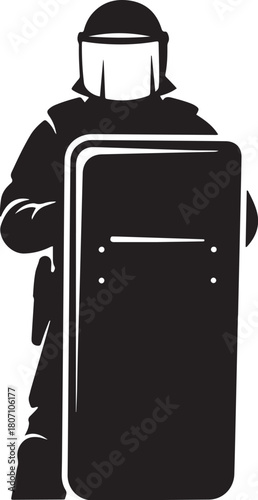 Bold black vector silhouette of a riot police officer or SWAT member in full protective gear and helmet, standing behind a large riot shield, symbolizing law enforcement, defense, and protection