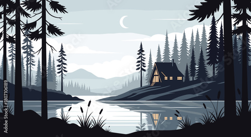Peaceful pixel art night scene with a cozy, lit A-frame cabin by a reflective lake, surrounded by a dense pine forest under a crescent moon.