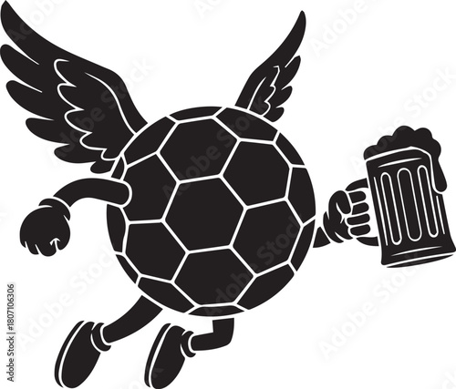 Black silhouette of a winged soccer ball character holding a frothy beer mug and running wings