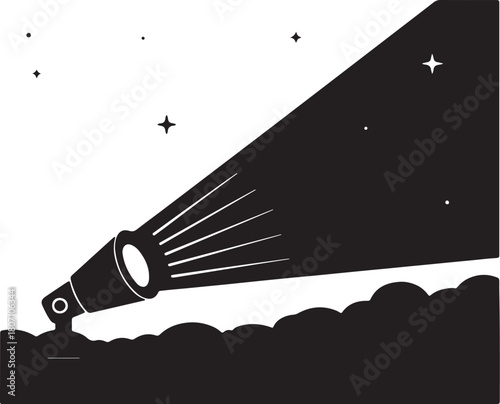 Bold black and white vector illustration of a powerful spotlight or searchlight shining a dramatic beam into a night sky with stars, symbolizing search, attention, surveillance, or military signal