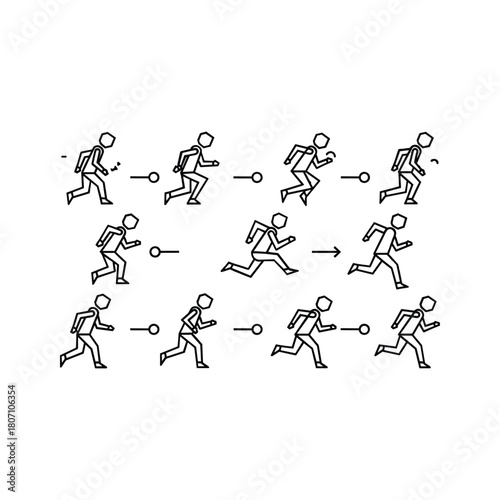 Sequence of running man key pose positions illustrating animation frames and character movement for motion graphics and game development