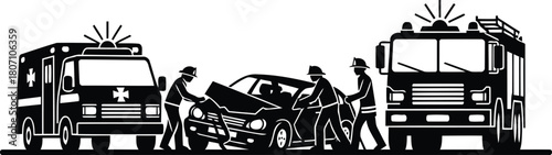 Bold black and white vector illustration of an emergency response scene showing a car accident with firefighters or rescue workers assisting a crushed vehicle, flanked by an ambulance and a fire truck