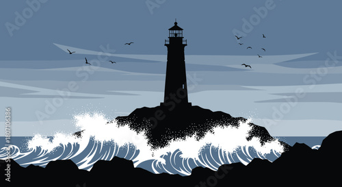 Dramatic pixel art illustration of a lighthouse silhouette standing on a rocky island as large ocean waves crash against the shore.