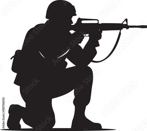 Bold black vector silhouette of a soldier or infantryman in a kneeling position aiming an assault rifle, symbolizing combat, military action, and defense