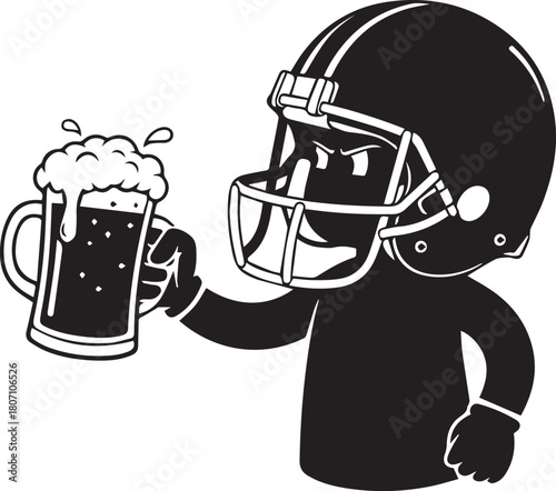 Black silhouette of American football player wearing helmet holding frothy beer mug vector