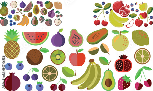 Vibrant colorful fruit illustration with bananas apples cherries blueberries pomegranate slice fresh organic healthy food collection in modern cartoon style