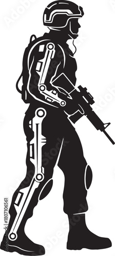 Bold black and white vector illustration of a future soldier or infantryman walking while wearing an exoskeleton suit and holding an assault rifle, symbolizing military technology and robotics