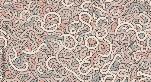 Intricate seamless pattern of abstract tangled lines and looping shapes in muted pastel colors, creating a complex, noodle-like texture.