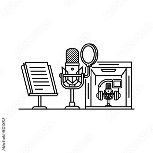 Recording studio setup with microphones, headphones, and a music stand, for podcasting or voice recording