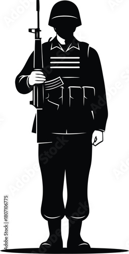 Bold black and white vector illustration of a fully equipped soldier or security guard standing at attention and holding an assault rifle, symbolizing military service, defense, and protection