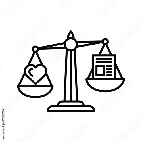 Scales of justice balancing a heart and a newspaper, symbolizing the balance between emotion and information