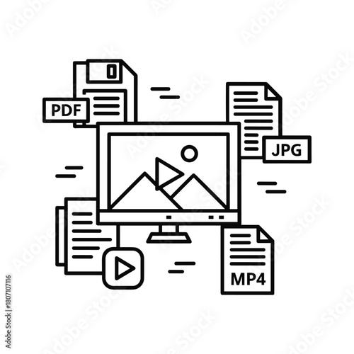Computer screen displaying rendered output files like pdf, jpg, mp4, and a floppy disk, symbolizing data storage and digital media formats