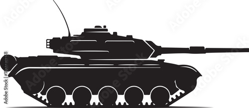 Bold black vector silhouette of a Main Battle Tank (MBT) with a long cannon and antenna, symbolizing military power, defense, and heavy warfare