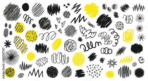 Diverse set of hand-drawn doodle elements in black and yellow, featuring various scribbles, textures, shapes, and abstract marks.