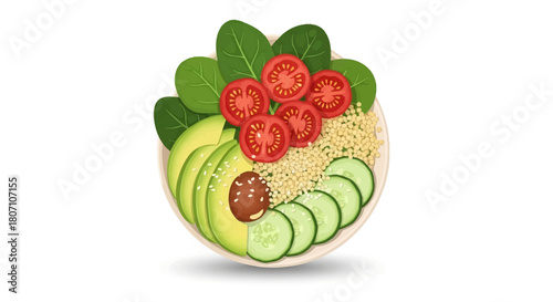 Vector illustration of a healthy vegan Buddha bowl with quinoa, avocado, spinach, cucumber, and tomatoes on a white background