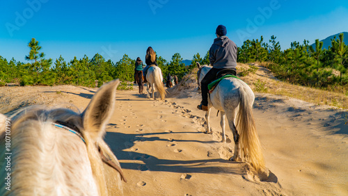 Horse Riding In Nature Sand Dunes Group Tour Outdoor Trip Scenic Landscape Adventure Travel Experience Countryside Trail Wildlife Freedom Leisure Summer Exploration