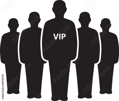 Bold black vector silhouette of a group of five people, with the central, taller figure highlighted with the text "VIP," symbolizing Very Important Person, special status and exclusive access