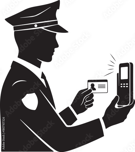 Bold black and white vector illustration of a security guard or police officer scanning an ID badge or license with a handheld verification device, symbolizing security check and access control