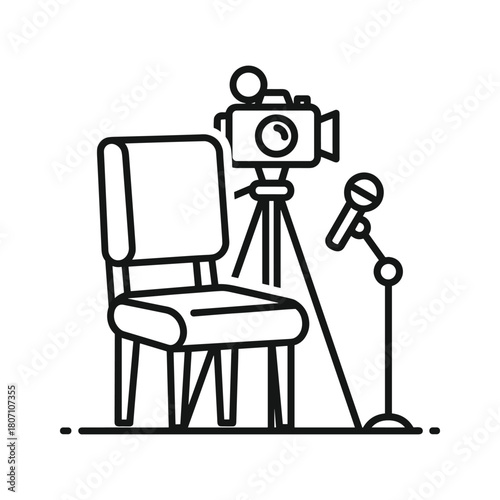Interview setup with chair, camera on tripod, and microphone isolated on