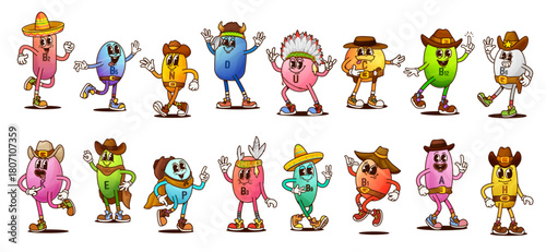 Groovy vitamin characters of cartoon happy pill cowboy, sheriff and bandit. Vector retro y2k vitamins and minerals, funky groovy multivitamin and food supplement capsules with Wild West Western hats