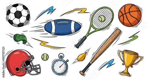 Hand-drawn collection of various sports equipment in a colorful sketch style, including balls, a racket, a bat, and a trophy cup.