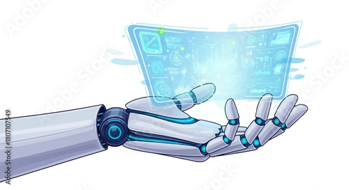 Futuristic robotic hand presenting a glowing holographic screen with digital data and interactive interface, representing advanced artificial intelligence and technological innovation