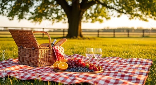 Fototapeta Naklejka Na Ścianę i Meble -  Wicker picnic basket with fruit bread and wine glasses on a red and white checkered blanket in a sunny meadow