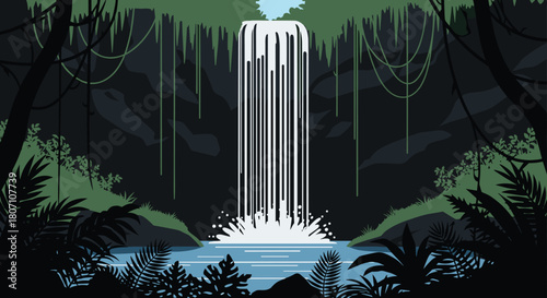 Lush pixel art illustration of a magnificent waterfall cascading into a tranquil pool, deep within a dense and mysterious jungle setting.