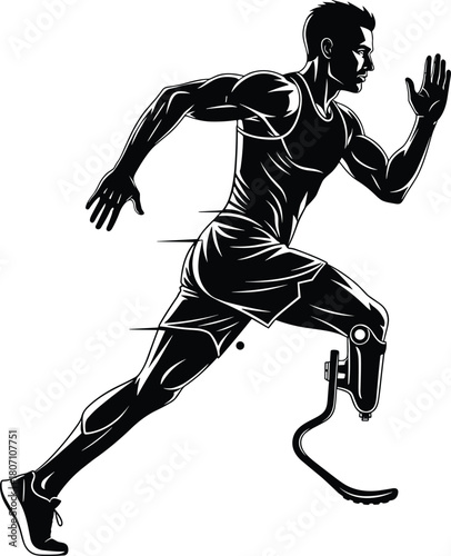 Flat vector illustration of disabled athlete running, black silhouette of prosthetic leg sprinter, sports icon, motivation, strength, determination