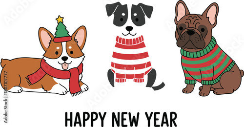 Cute cartoon dogs wearing festive winter sweaters celebrating New Year, cheerful holiday pet illustration perfect for greeting cards and seasonal designs.