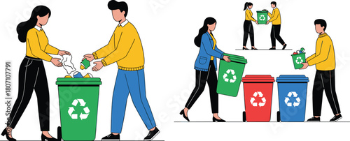 People recycling waste and sorting garbage into colored bins, illustrating environmental awareness, sustainability, eco–friendly habits and proper waste management practices