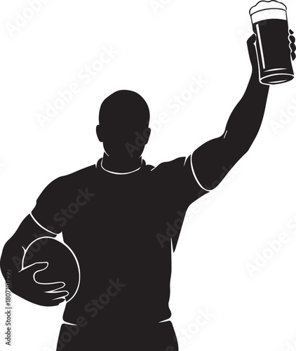 Silhouette of a man holding a rugby ball and a pint of beer aloft male
