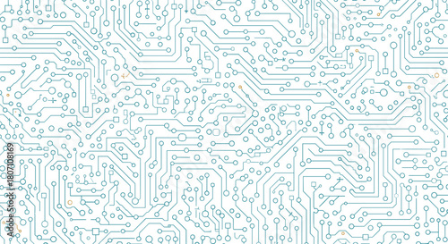 A minimalist seamless pattern of a complex computer circuit board with green pathways and gold contacts on a clean white background.
