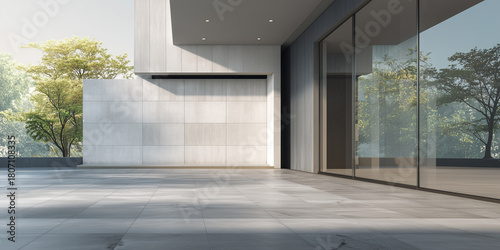 Sleek architectural facade featuring clean lines, expansive glass window and contemporary styling. Empty concrete tile floor, space for product display, automotive showcases and commercial background.