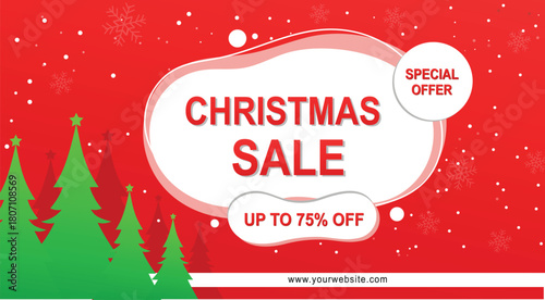 Christmas sale banner with green trees and snowflakes on red background, perfect for your holiday promotions and marketing campaigns