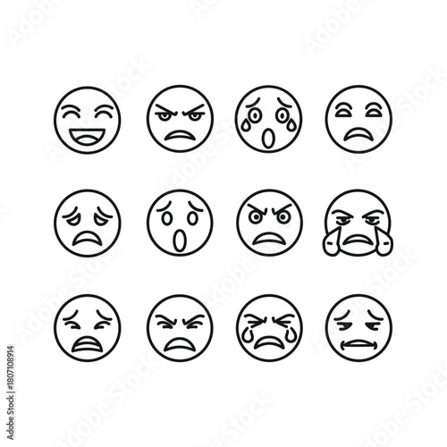 Collection of line art emoji faces expressing various emotions, isolated on