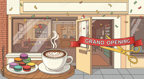 Hand-drawn illustration of a cafe's grand opening, with golden scissors about to cut a red ribbon at the entrance.
