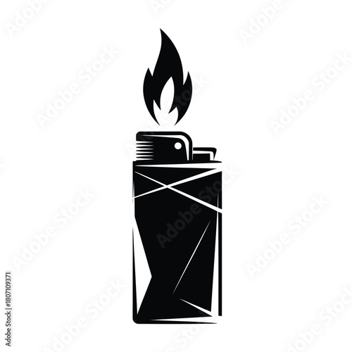 Black and white illustration of a lit cigarette lighter with a flame