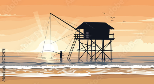 Serene pixel art scene of a traditional fishing hut on stilts at sunset, with a fisherman casting a net into the calm ocean waves.