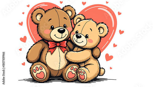 Cartoon teddy bears hugging with hearts in a cheerful illustration - Concept of children and parents  
